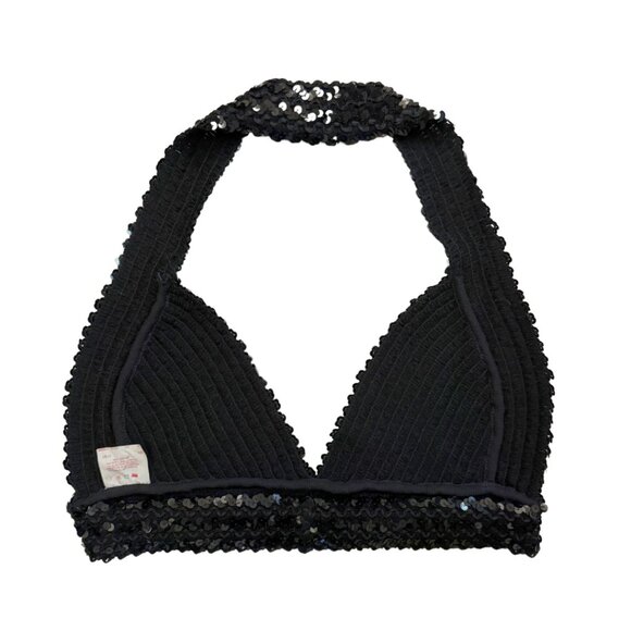 1970s Vintage Black Sequin Bra Top | Size Large - Picture 2 of 7